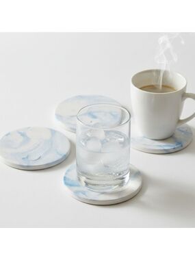 Upcycled Blue White Fluid Art Coasters Set of 4 Handmade Ceramic Circular Decor